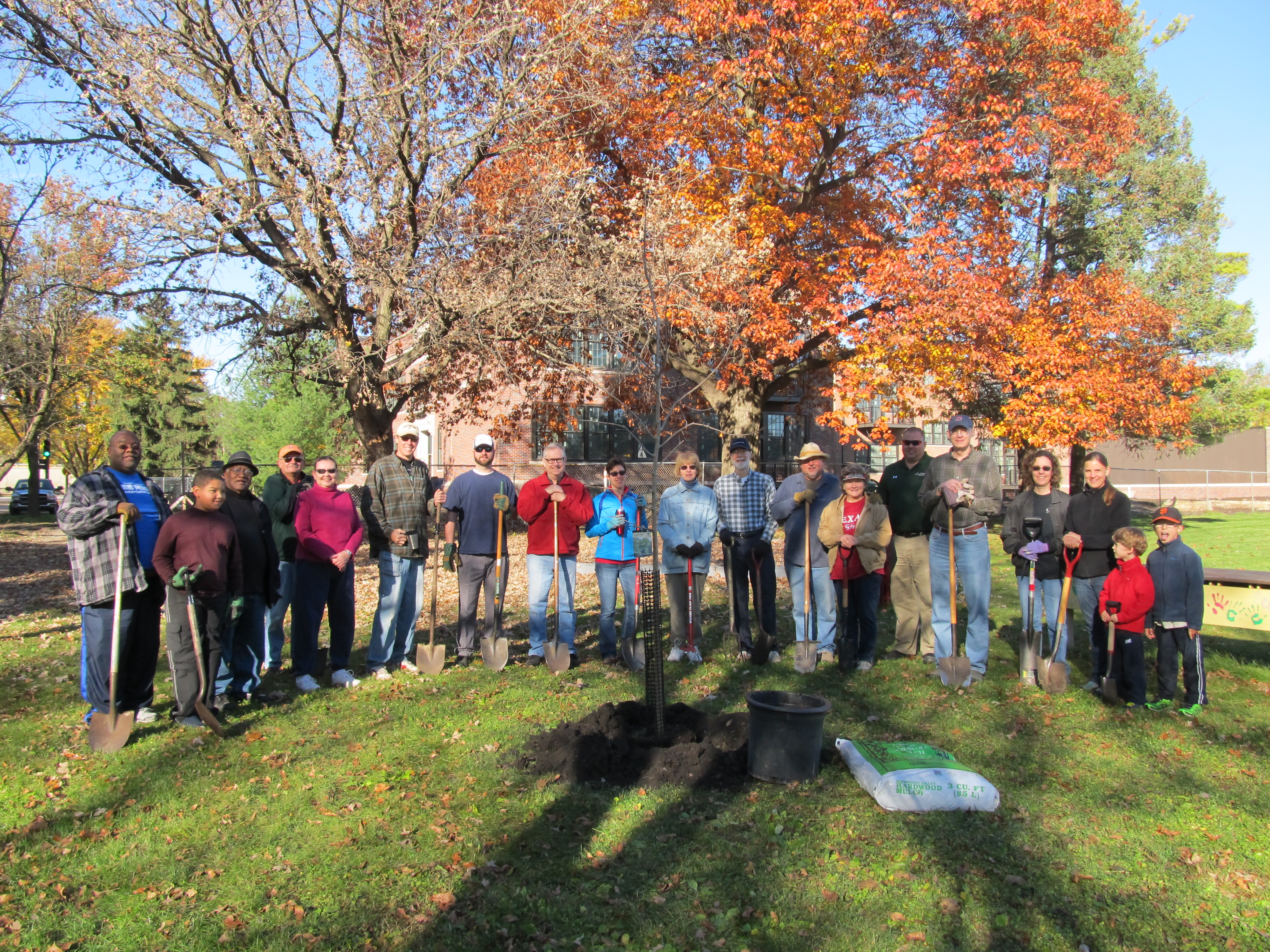 Roosevelt neighbors standing around newly planted tree