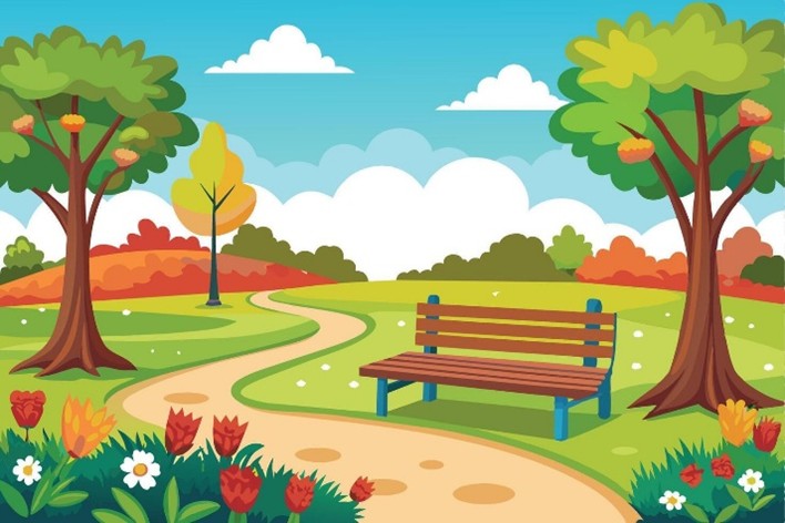 Cartoon graphic of a bench and trees