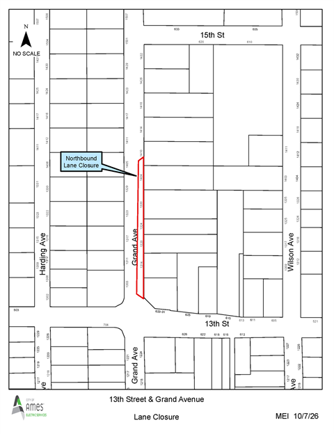 Map of lane closure on Grand Avenue from 13th Street to 1410 Grand Avenue.