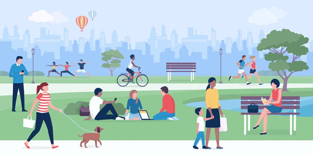 A cartoon of people walking around