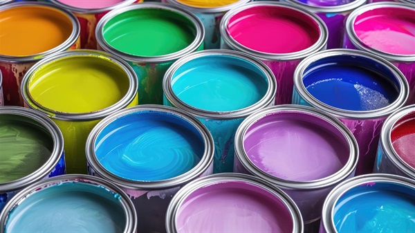Several cans of colored paint
