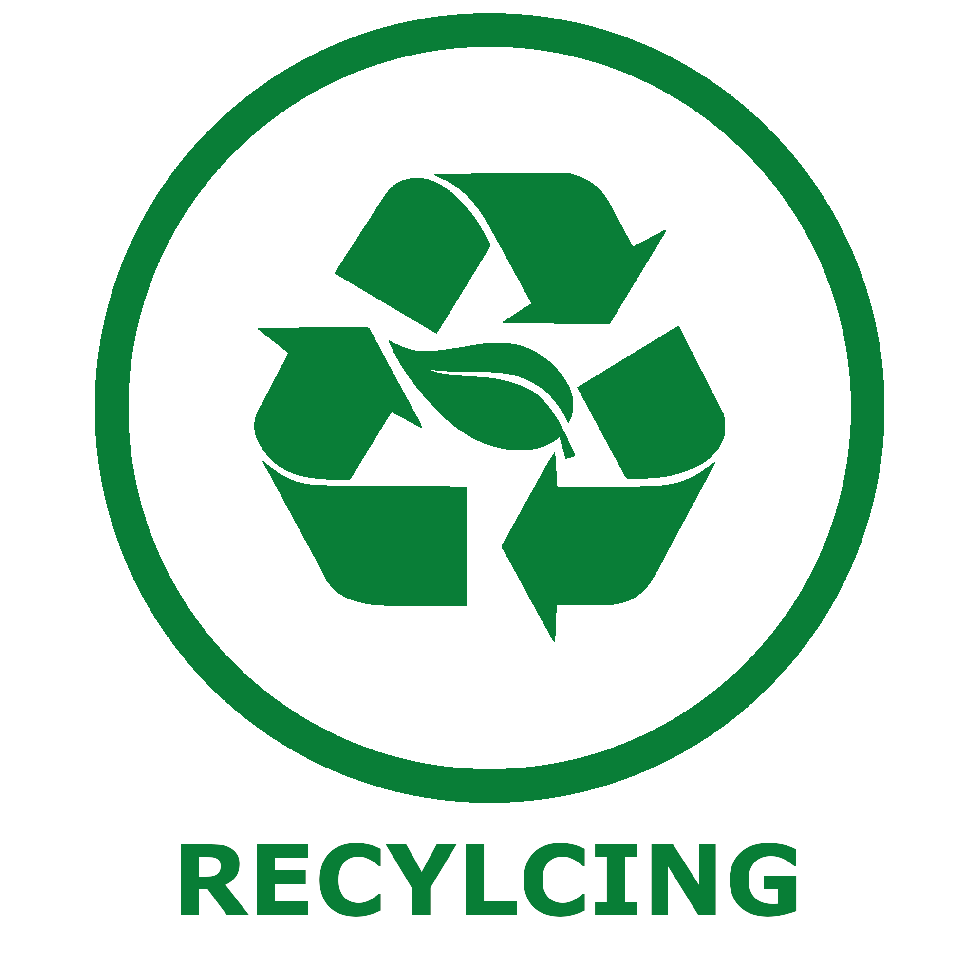 A recycling icon with a leaf in the middle, all within a circle. The text on the bottom says, 