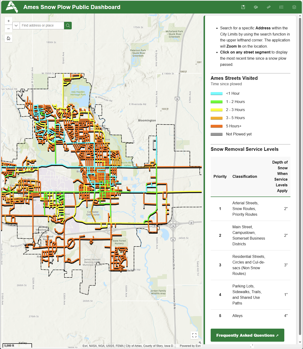 A map with the City of Ames boundaries and the streets highlighted with different colors based on when the snow plow passed the street